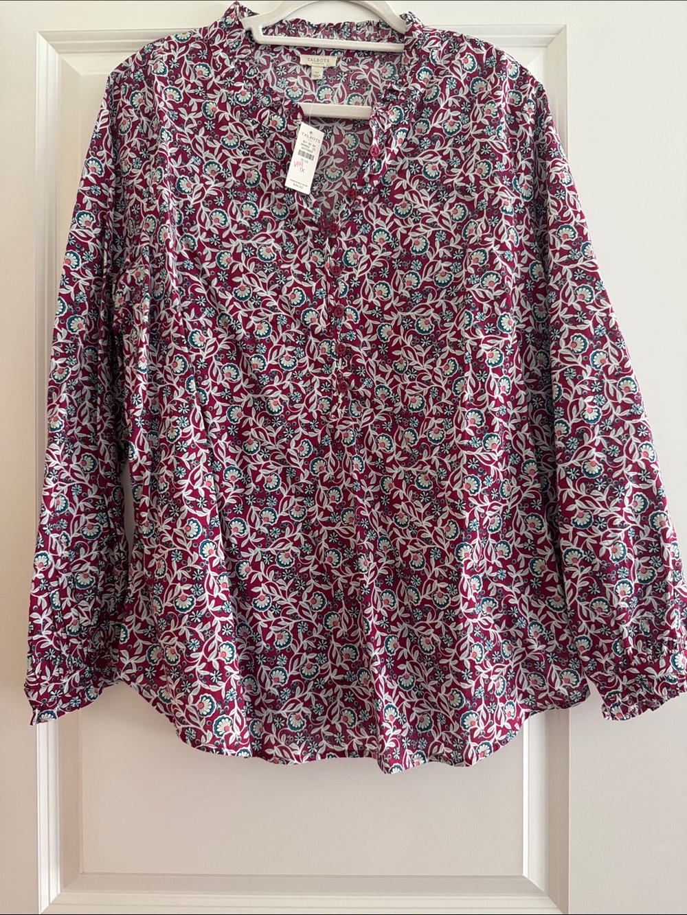 Patterned Burgundy with Teal & Light Green Floral Button-Front Popover Blouse -